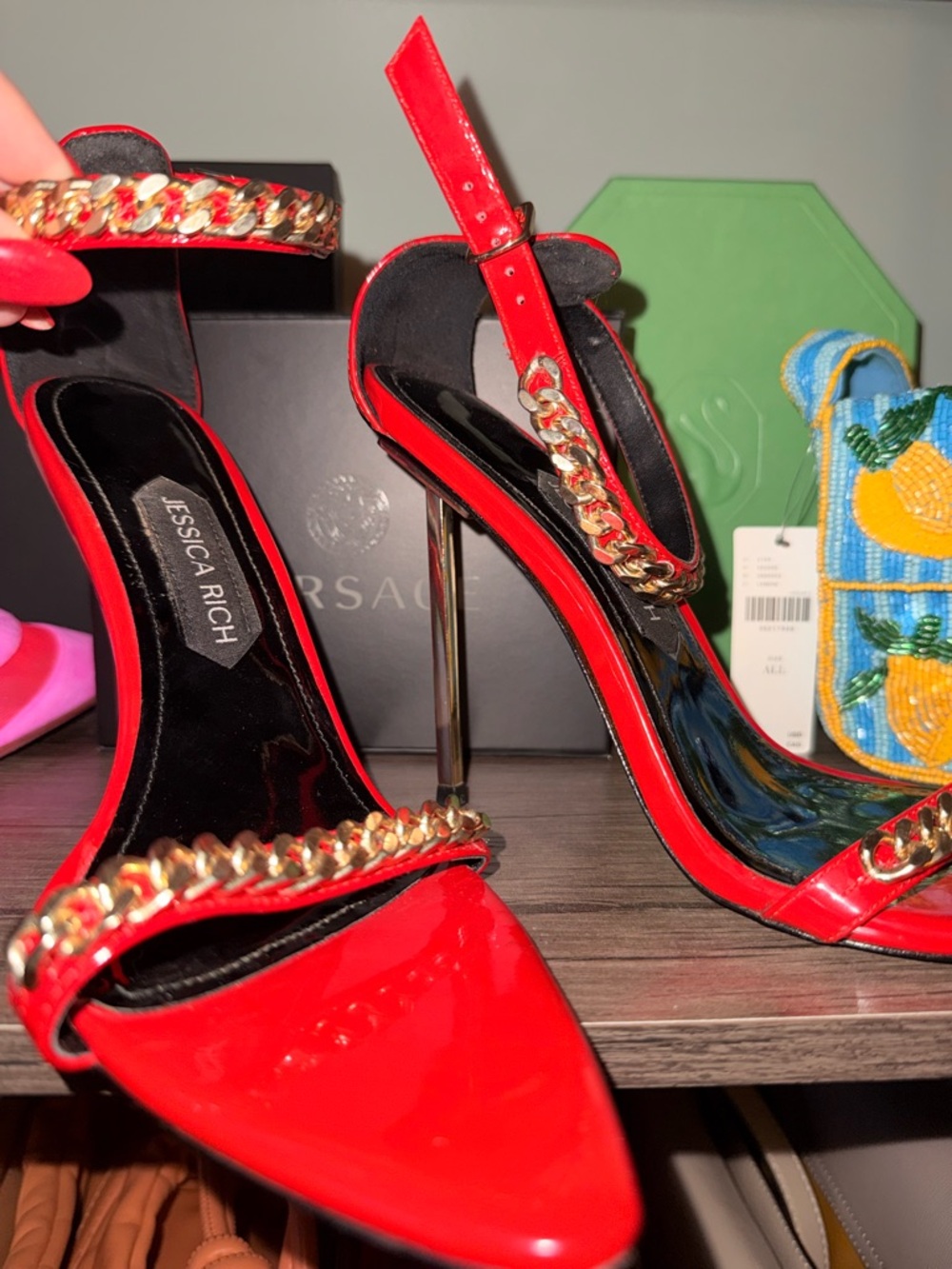 Jessica Red Patent Leather Heels with Gold Chain Detail - Picture 11 of 11